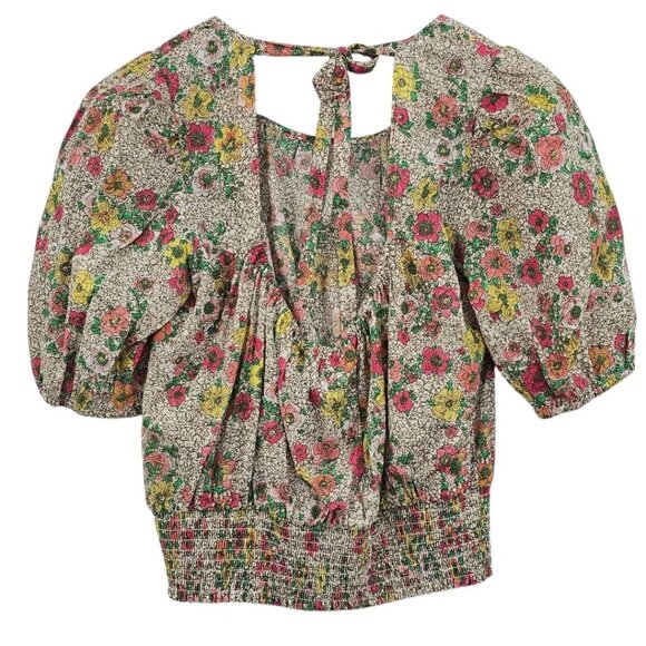 Sundays Womens S Ada Puff Sleeve Elastic Waist Crop Top Blouse in Wallflower NWT - Picture 3 of 9